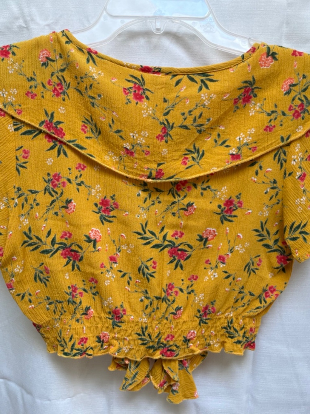 Yellow Flowered Ruffled Lace-Up Crop Top - Picture 4 of 4